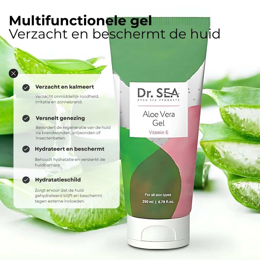 Tube met aloë vera gel. Groen-roze design. Tekst: Dr. SEA, Aloe Vera Gel, Vitamine E. Infographic met voordelen.