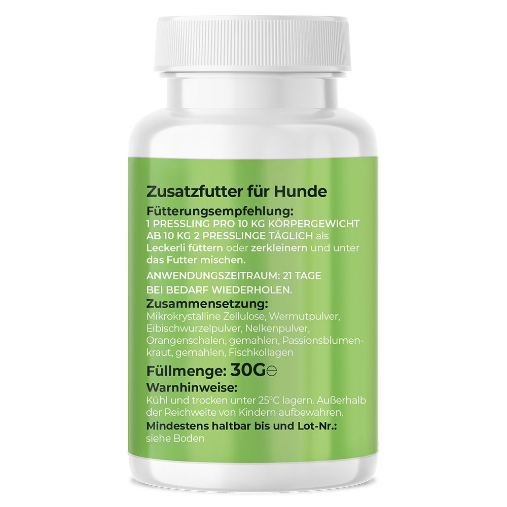 Witte fles met groen etiket. Tekst: Voedingssupplement voor honden, voedingsaanbevelingen, ingrediënten, inhoud 30g, waarschuwingen.