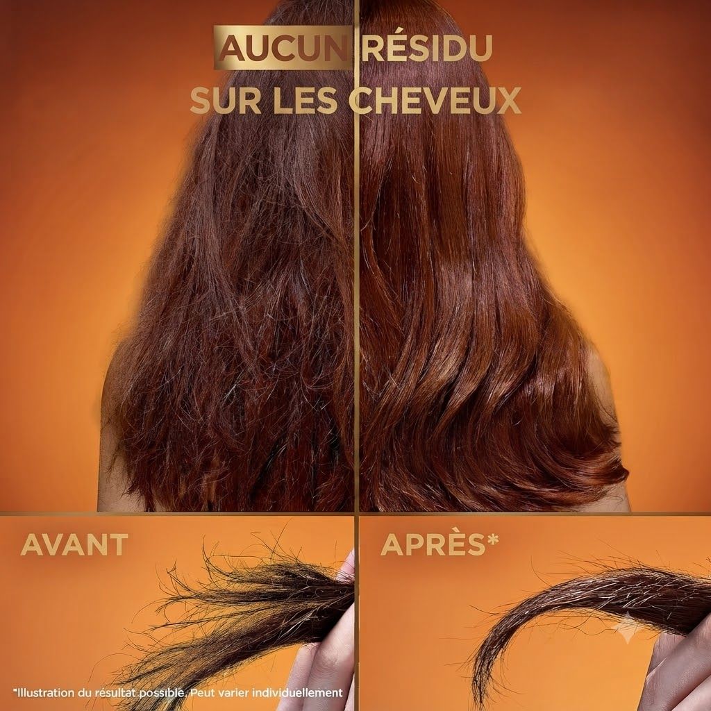 Comparaison avant/après de cheveux : à gauche non traités, à droite brillants. Aucun résidu.