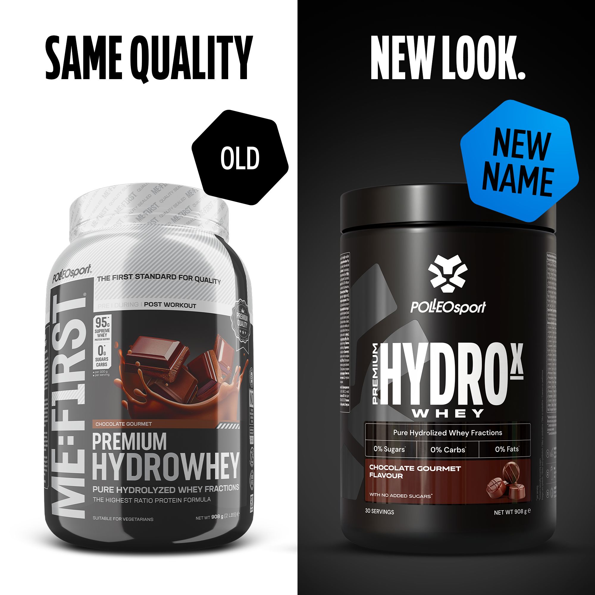 Vergelijking: Oude pot ME:FIRST HYDROWHEY, chocolade, en nieuwe pot HYDROX WHEY, chocolade. Logo: PolleoSport. Tekst: Zelfde kwaliteit, nieuwe look.