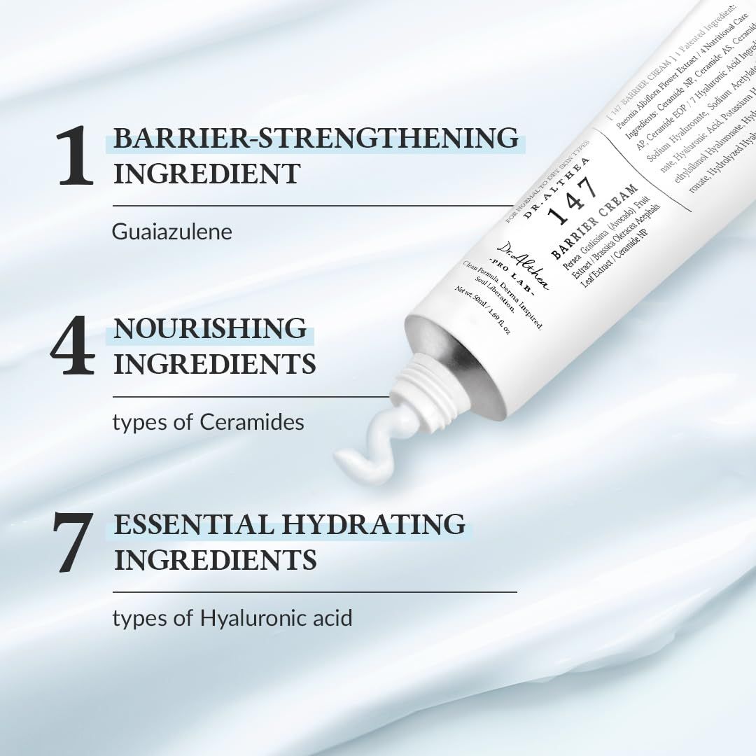 Tube de produit avec ingrédients. 1 ingrédient renforçant la barrière. 4 ingrédients nourrissants. 7 ingrédients hydratants.