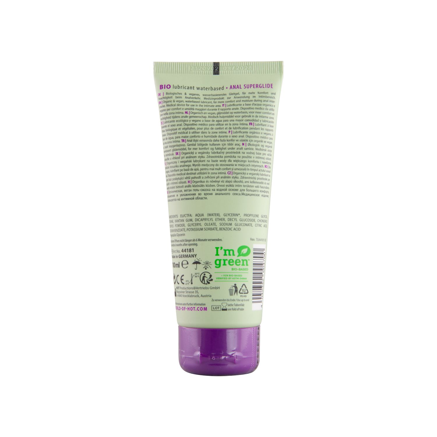 Arrière d'un tube de lubrifiant BIO Anal Superglide avec informations produit.