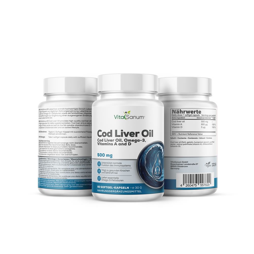 Drie VitaSanum® Cod Liver Oil flessen. Bevat Omega-3, vitamine A en D. 500 mg per capsule. 90 capsules.