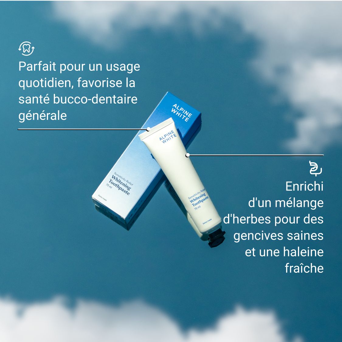 Homme se brossant les dents. Texte: Le produit tient ses promesses et est Swiss-made, chaque franc vaut la peine.