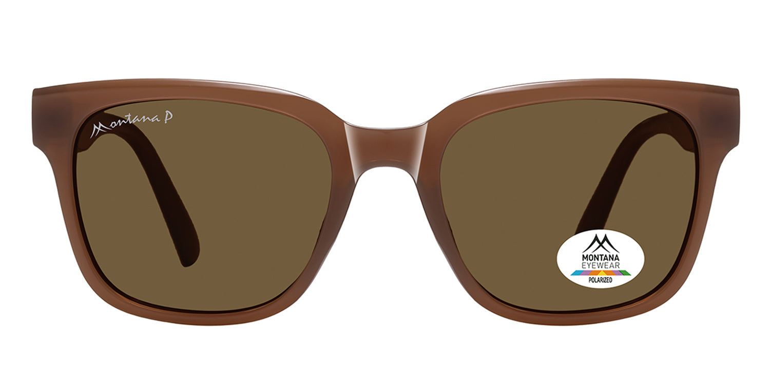 Lunettes de soleil marron avec verres marron. Logo Montana Eyewear sur la branche et le verre. Polarisées.