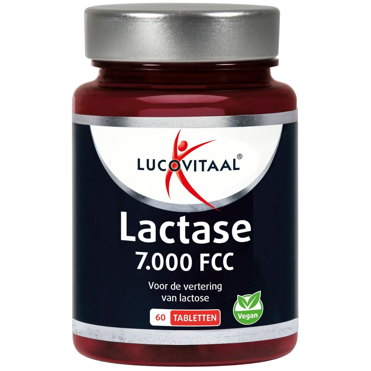 Bruine tablettenfles met zilveren dop. Opschrift: Lucovitaal, Lactase 7.000 FCC, 60 tabletten, vegan. Groen blad-symbool.
