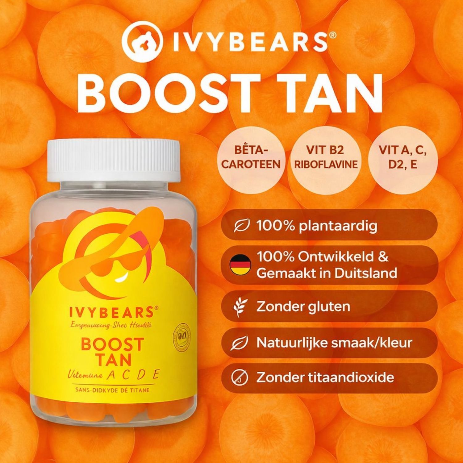 IvyBears Boost Tan gummies-fles. Met bèta-caroteen, vitaminen A, C, D, E en B2. 100% veganistisch.