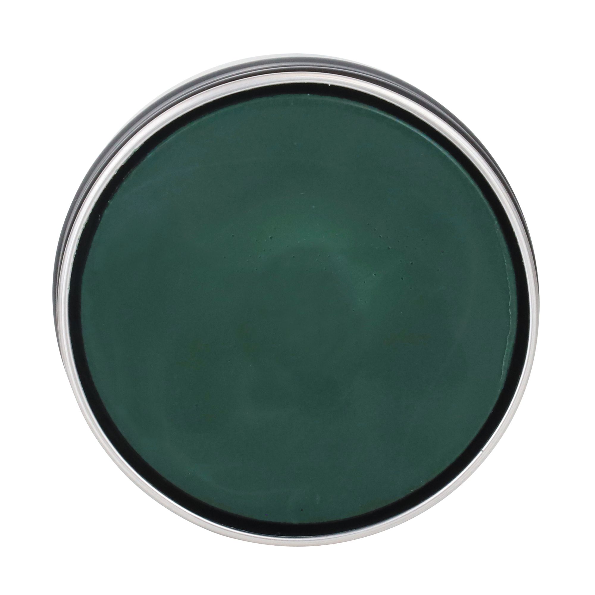 Groen gezichtsmasker in een pot. Ronde vorm, zilveren rand. Donkergroene kleur, glad oppervlak.