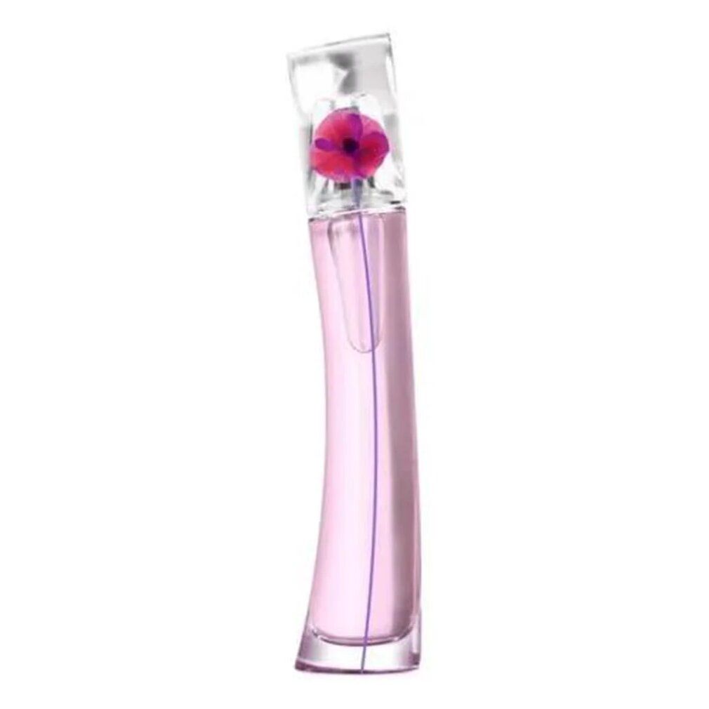 Een slanke, roze getinte glazen fles met een transparante dop waarin een enkele rode klaproos zit.