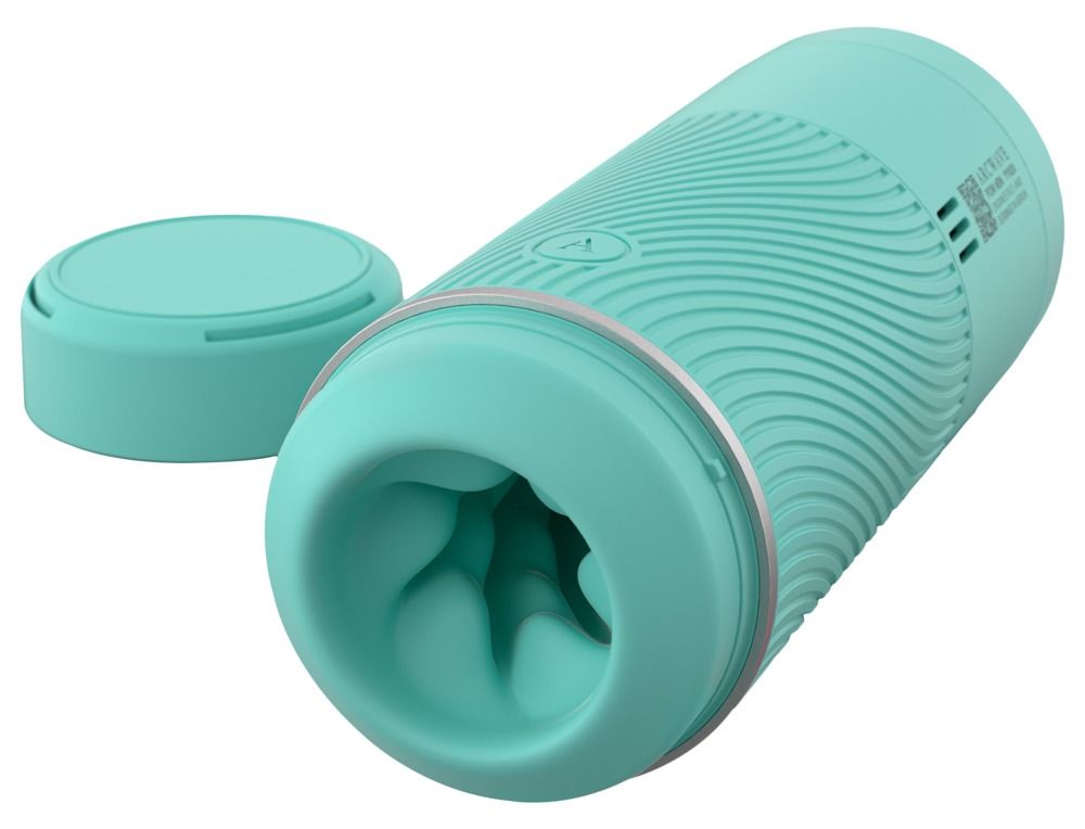 Turquoise masturbator met geribbelde textuur en afneembare dop. Binnenzijde met zachte nopjes.