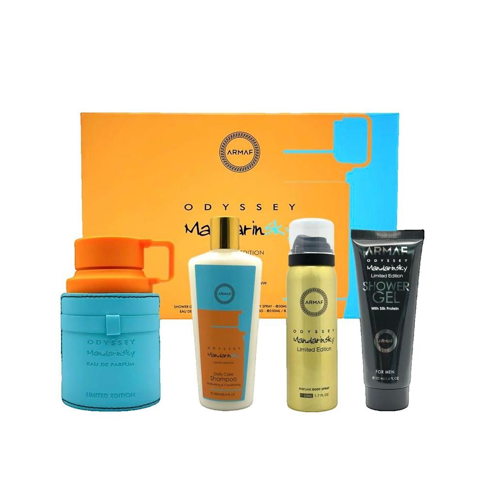 Geschenkset met vier producten: Eau de Parfum, douchegel, bodyspray en lotion. Oranje en blauwe verpakking. Merk: Armaf.