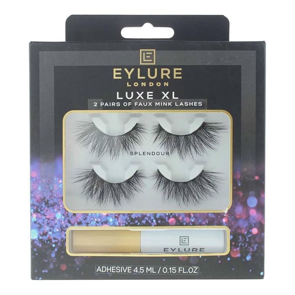 Kit de cils Eylure London Luxe XL. Contient deux paires de faux cils et de la colle. Cils noirs dans un emballage avec le nom du produit.