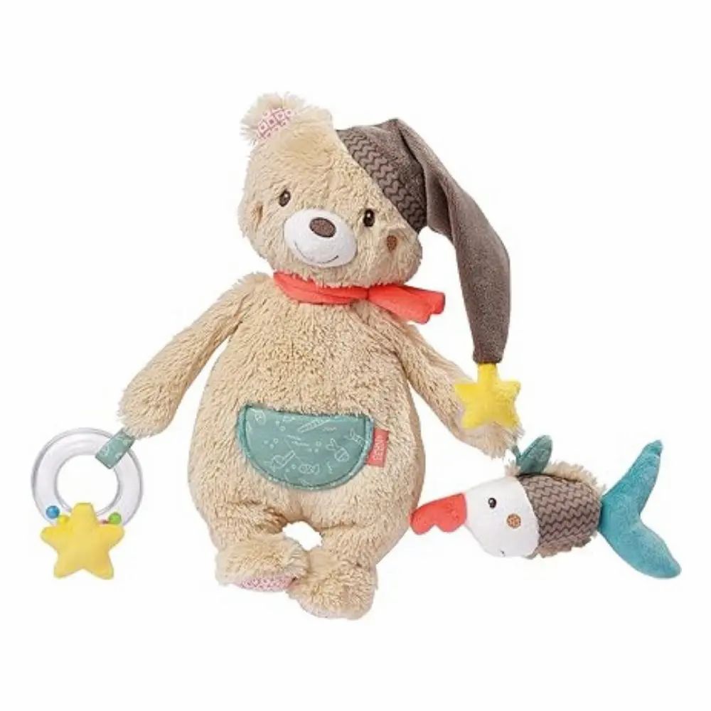 Peluche beige avec bonnet, écharpe rouge, étoile et poisson. Anneau avec étoiles. Sans emballage.