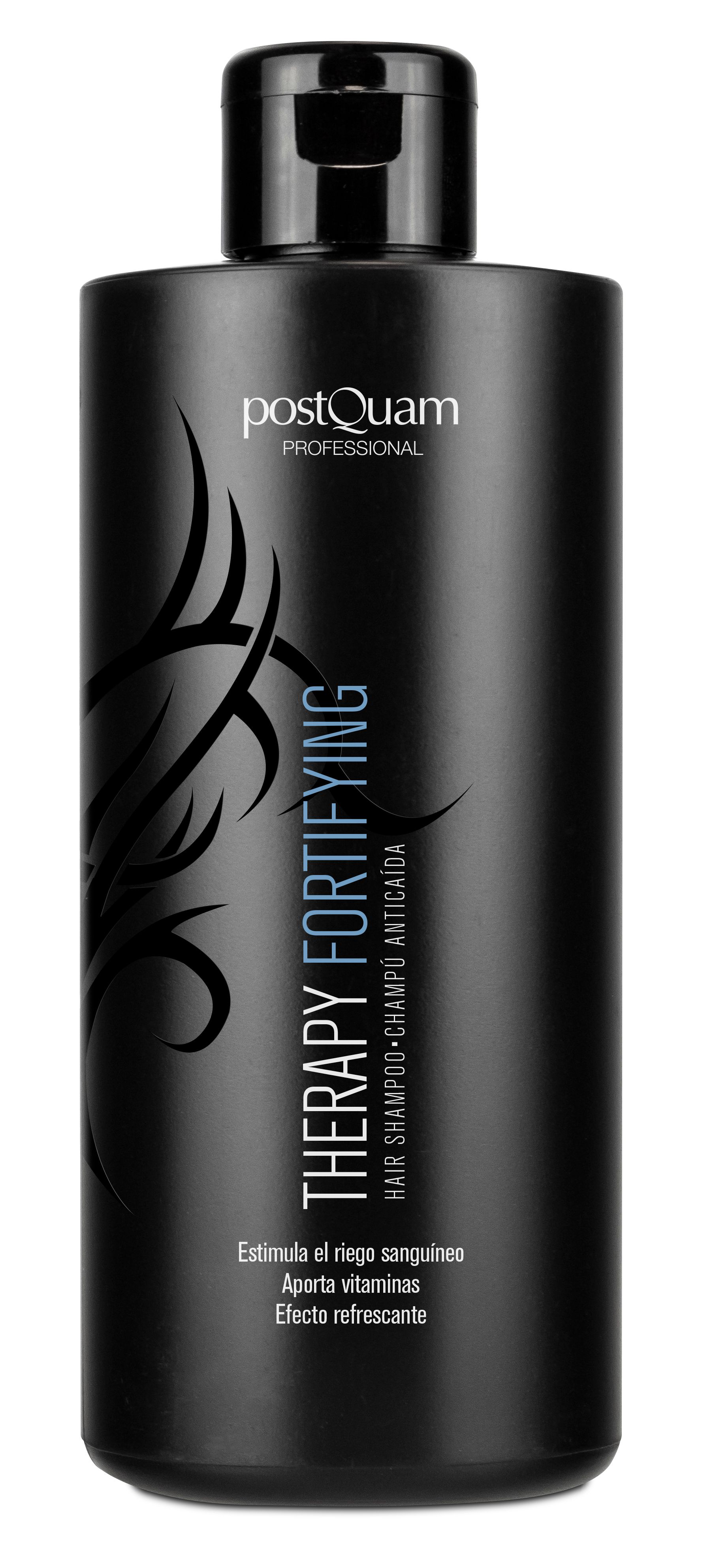 Zwarte shampoo fles met witte tekst "Postquam Professional" en "Therapy Fortifying".