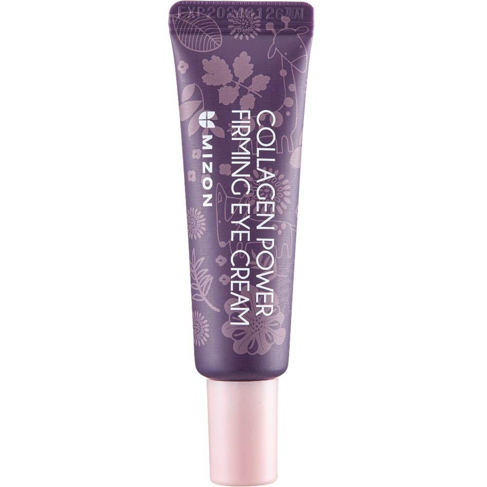 Paarse tube met bloemmotief. Gedrukt: Collagen Power Firming Eye Cream. Merk MIZON.