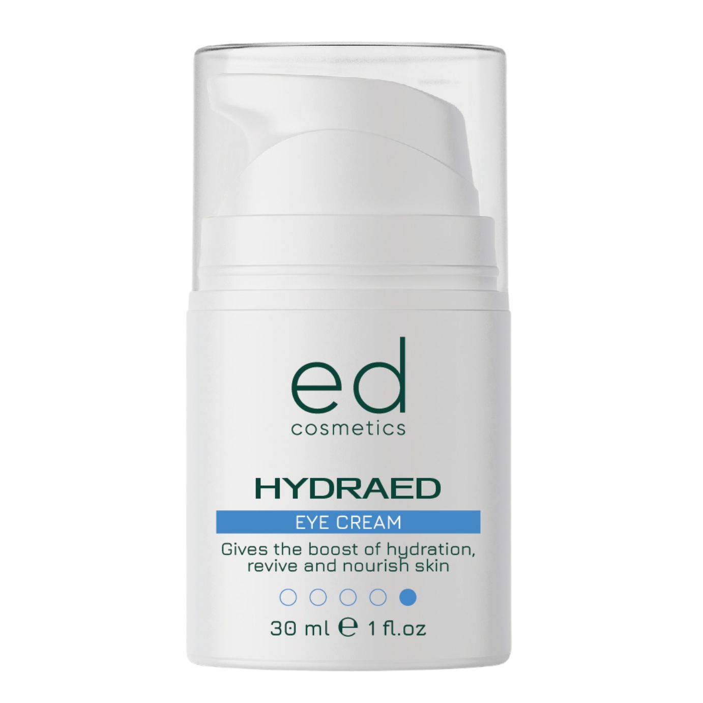 Witte oogcrèmefles met pomp. Opschrift: "ed cosmetics HYDRAED EYE CREAM". 30 ml.