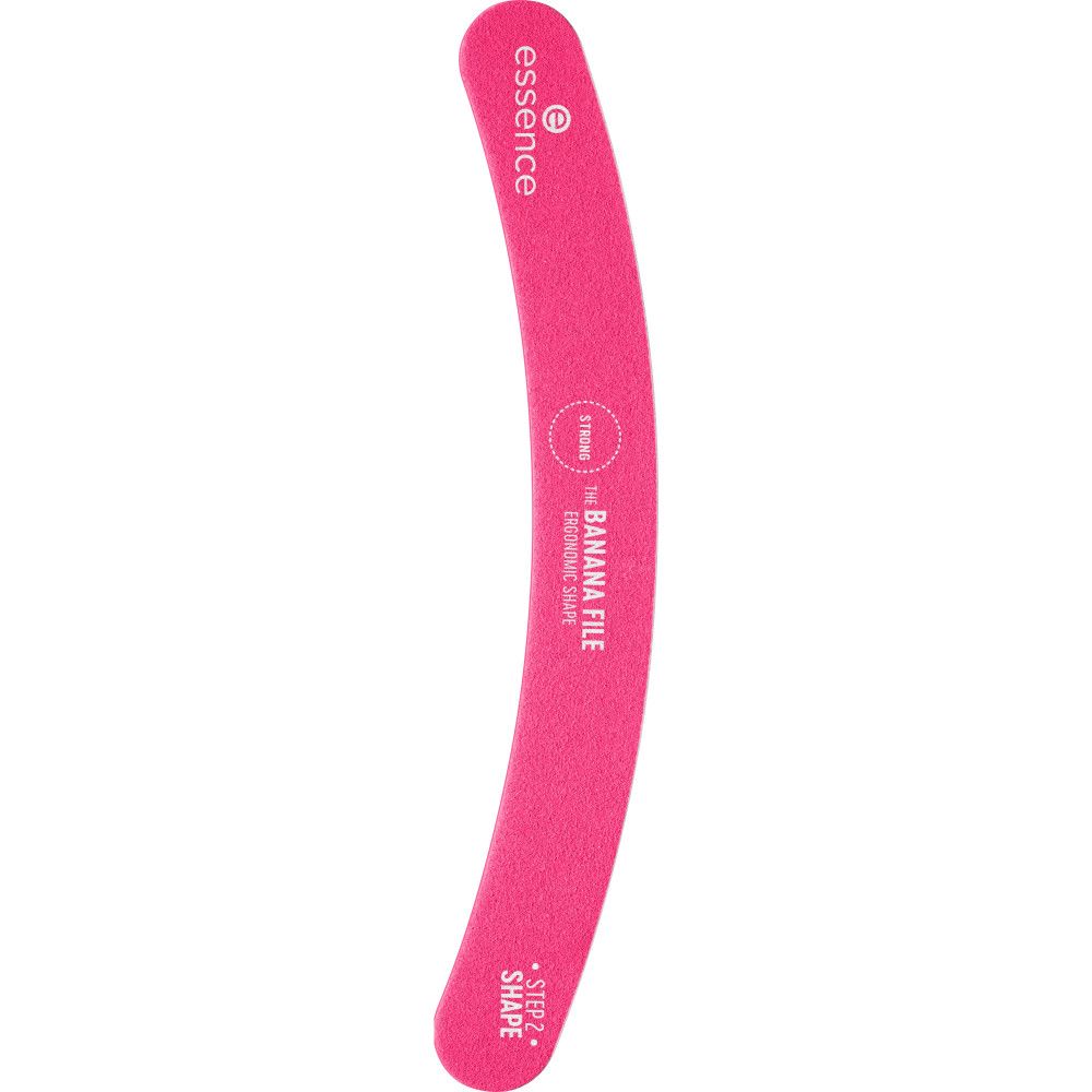 Roze nagelvijl in bananenvorm. Opschrift: "THE BANANA FILE", "STRONG", "STEP 2 SHAPE". Merk: Essence.