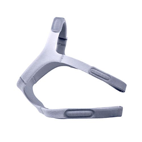 Grijze CPAP hoofdband met klittenbandsluitingen voor maskerbevestiging.