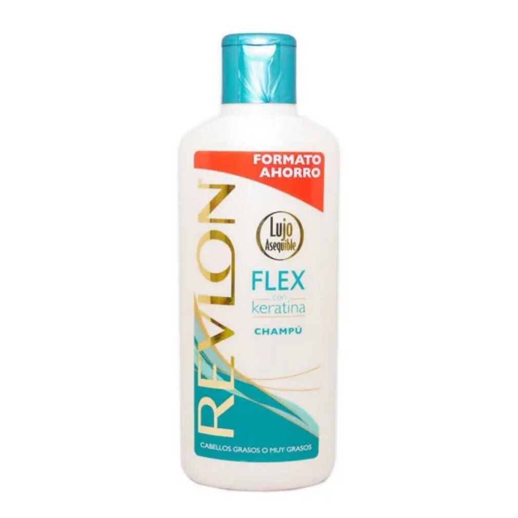 Shampoo Revlon Flex. Bouteille blanche, bouchon vert. Inscription: Flex, Kératine, Champú. Pour cheveux gras.