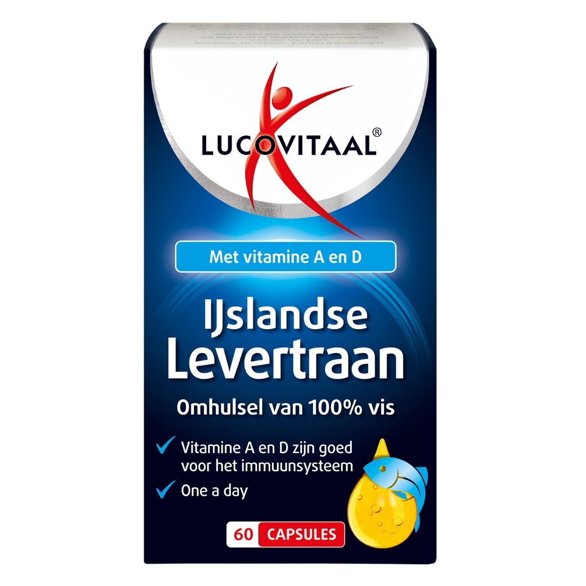 Verpakking van Lucovitaal IJslandse Levertraan. Blauwe doos met productnaam en logo. Bevat 60 capsules.