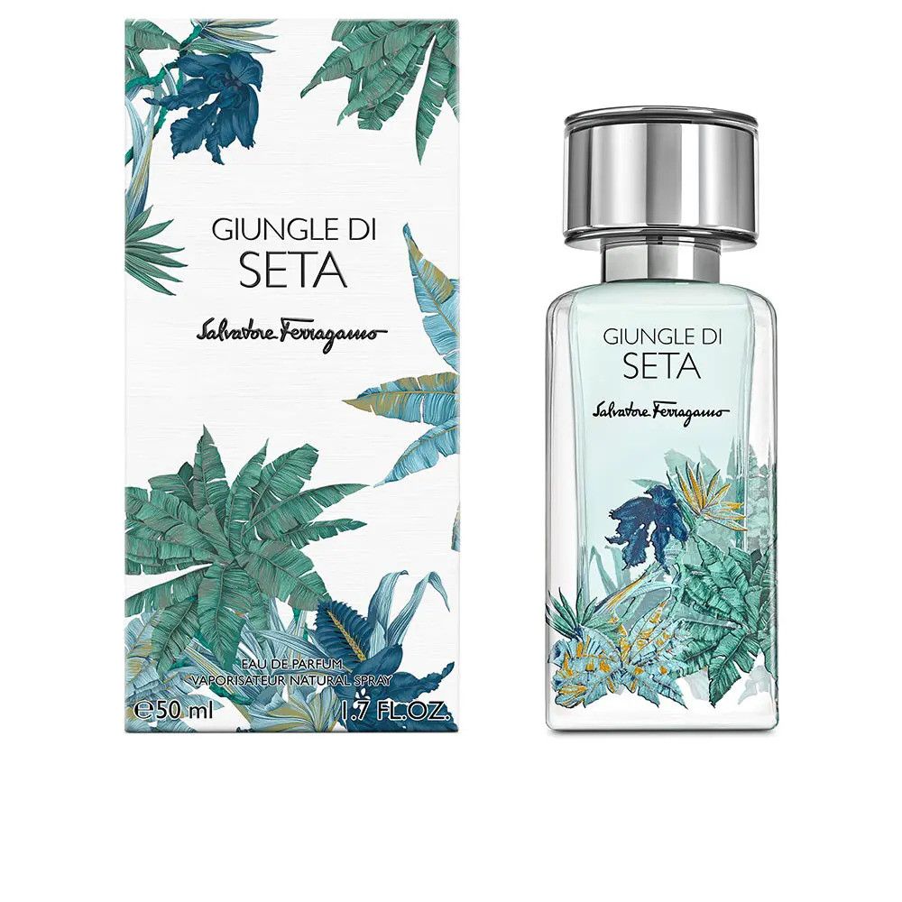 Flacon Salvatore Ferragamo Giungle Di Seta Eau De Parfum avec motif botanique.