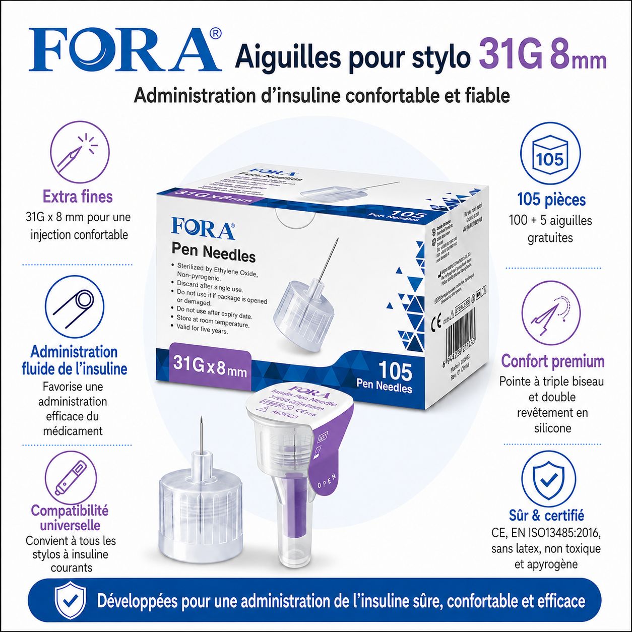 Aiguilles pour stylo FORA 31G x 8mm. Extra fines, administration fluide, compatibilité universelle. 105 pièces.