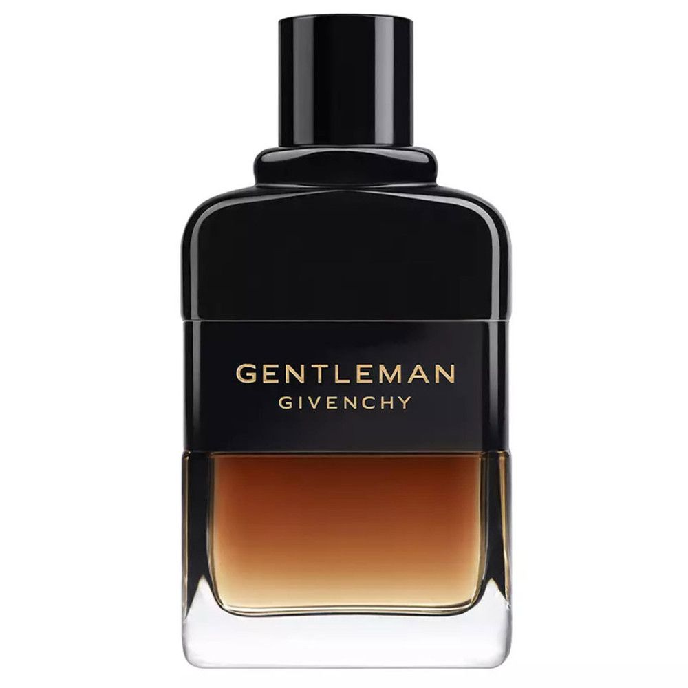 Givenchy Gentleman Réserve Privée Eau de Parfum. Flacon noir avec liquide brun. Logo et texte.