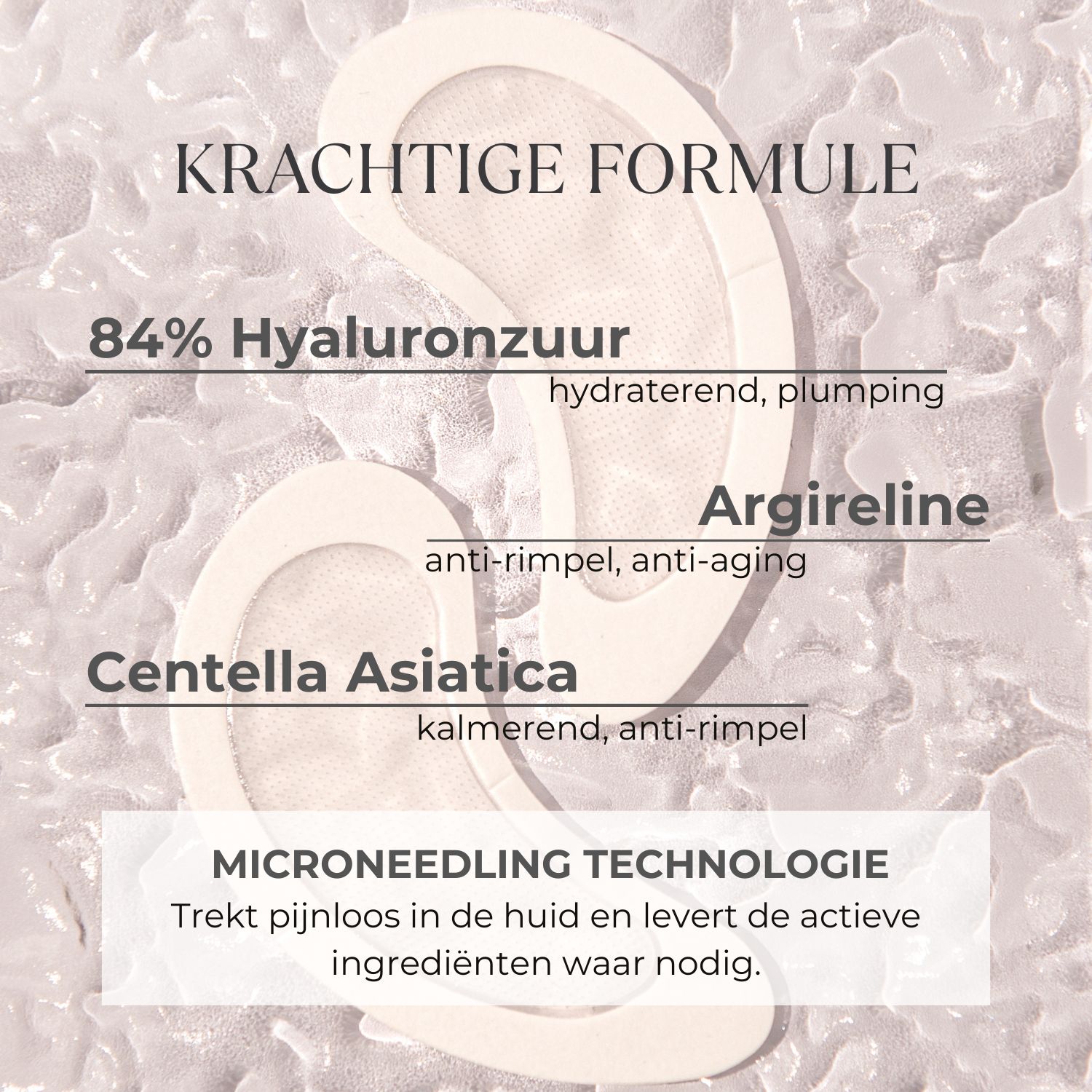 Vrouw met oogpads. Tekst: 1100 zelfoplossende micro-naalden. Meer dan 80% hyaluronzuur. Ze werken terwijl je slaapt!