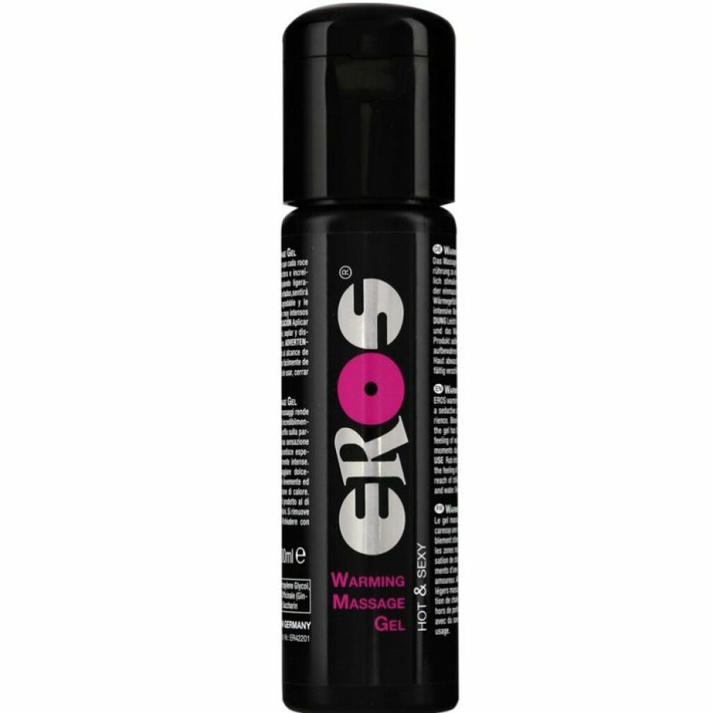 Eros Warming Massage Gel in zwarte fles met zilveren logo en roze cirkel.
