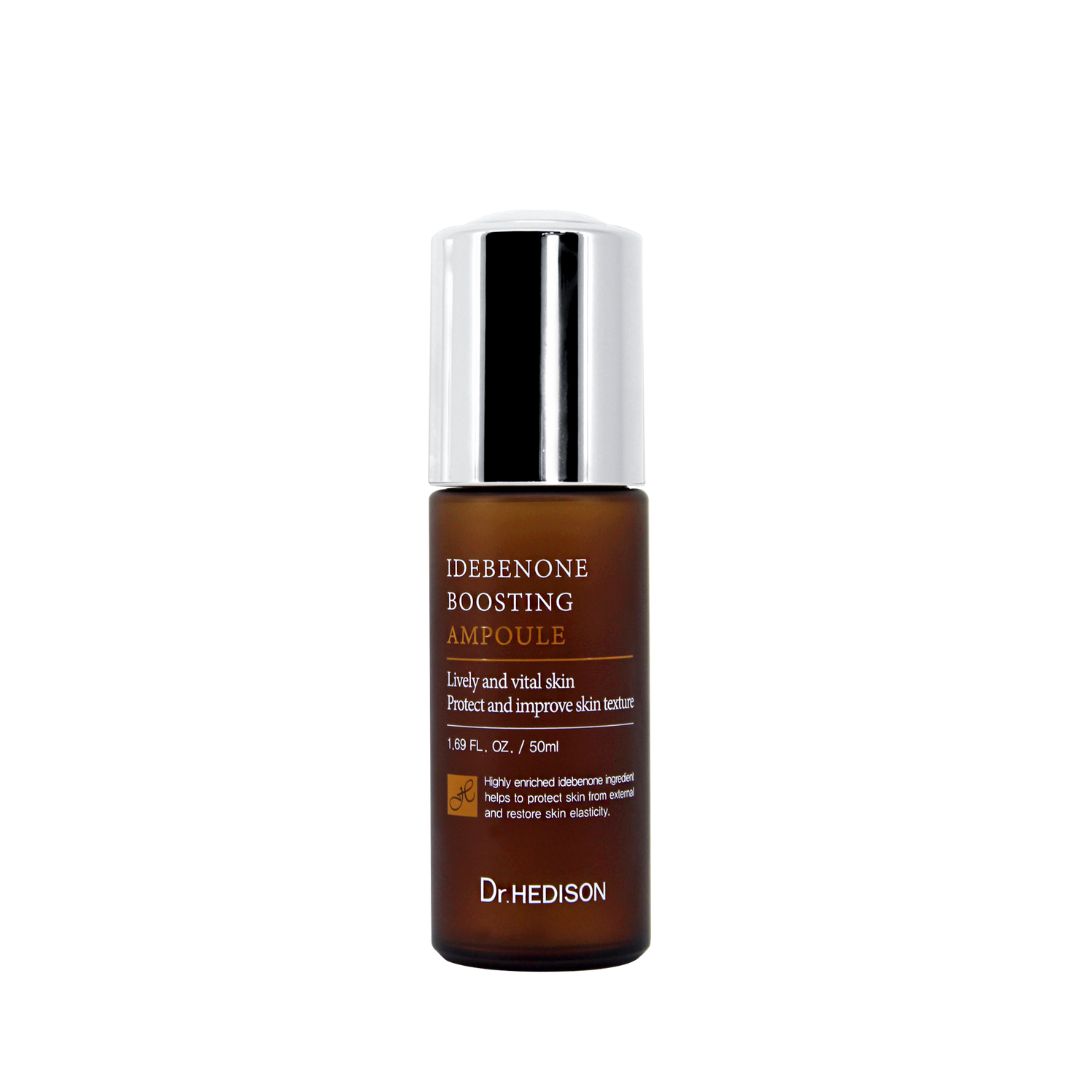 Bruine glazen ampul met zilveren dop. Opschrift: Idebenone Boosting Ampoule. Merk: Dr. HEDISON.