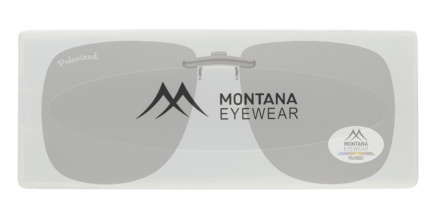 Montana Eyewear Crail clip-on dans un emballage transparent. Verres gris, logo et autocollant Polarized visibles.