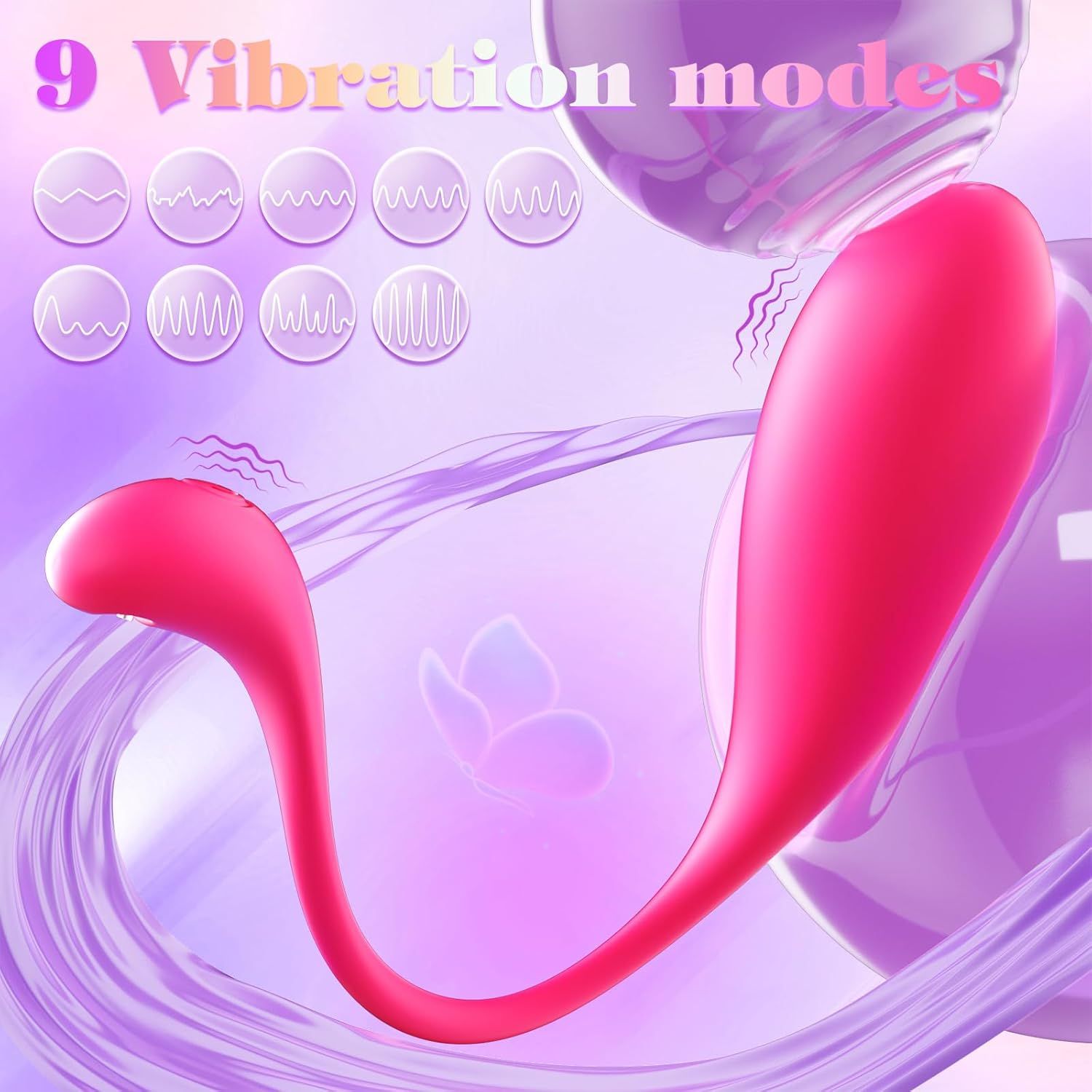 Roze vibrator met 9 vibratiestanden, weergegeven op paarse achtergrond.