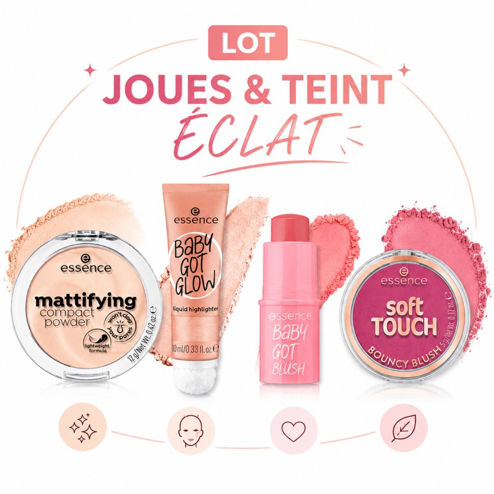 Essence Lot Joues & Teint Éclat: Poudre compacte matifiante, enlumineur Baby Got Glow, blush Baby Got Blush et blush rebondissant Soft Touch.