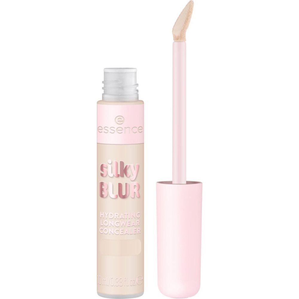 Tube de correcteur beige avec bouchon et applicateur roses. Inscription : Silky Blur, Hydrating Longwear Concealer. Marque : Essence.