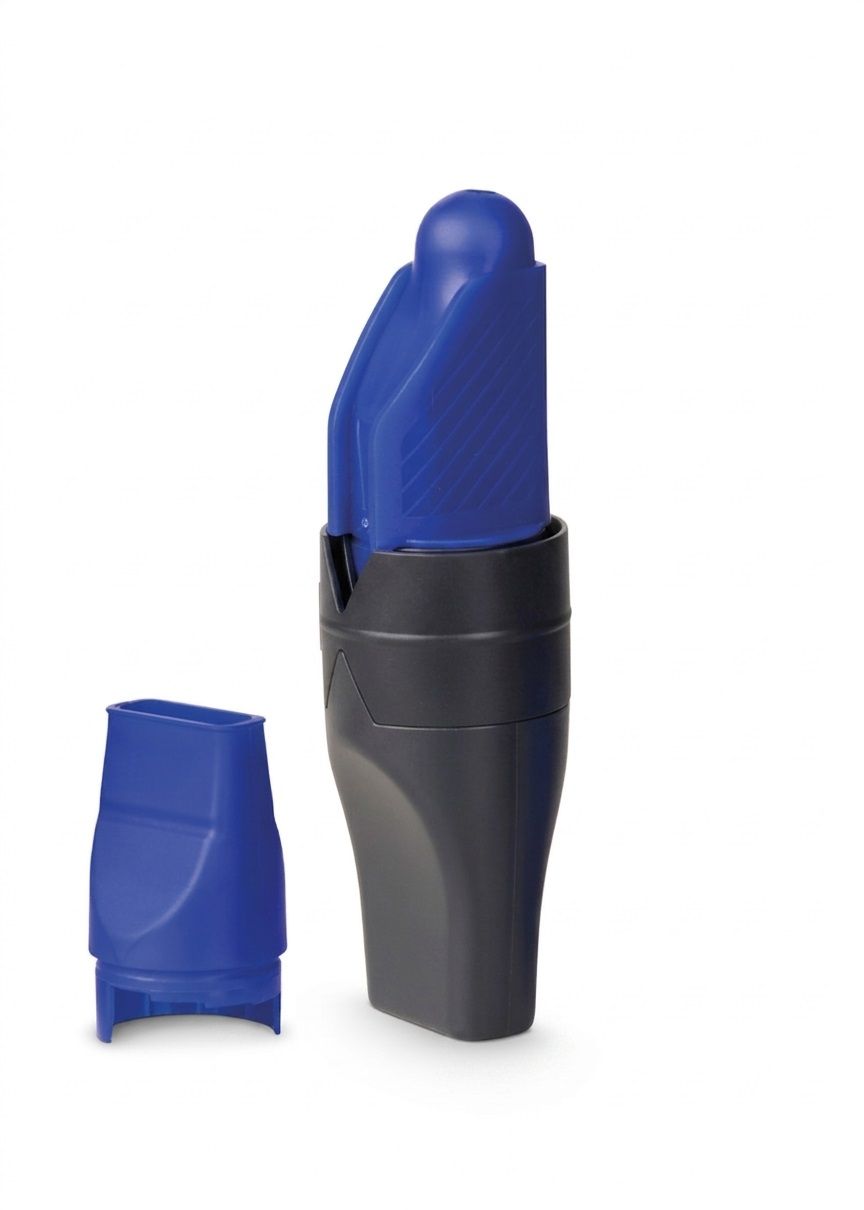 Een blauw-grijs apparaat met een blauwe opzetstuk en een aparte blauwe dop.
