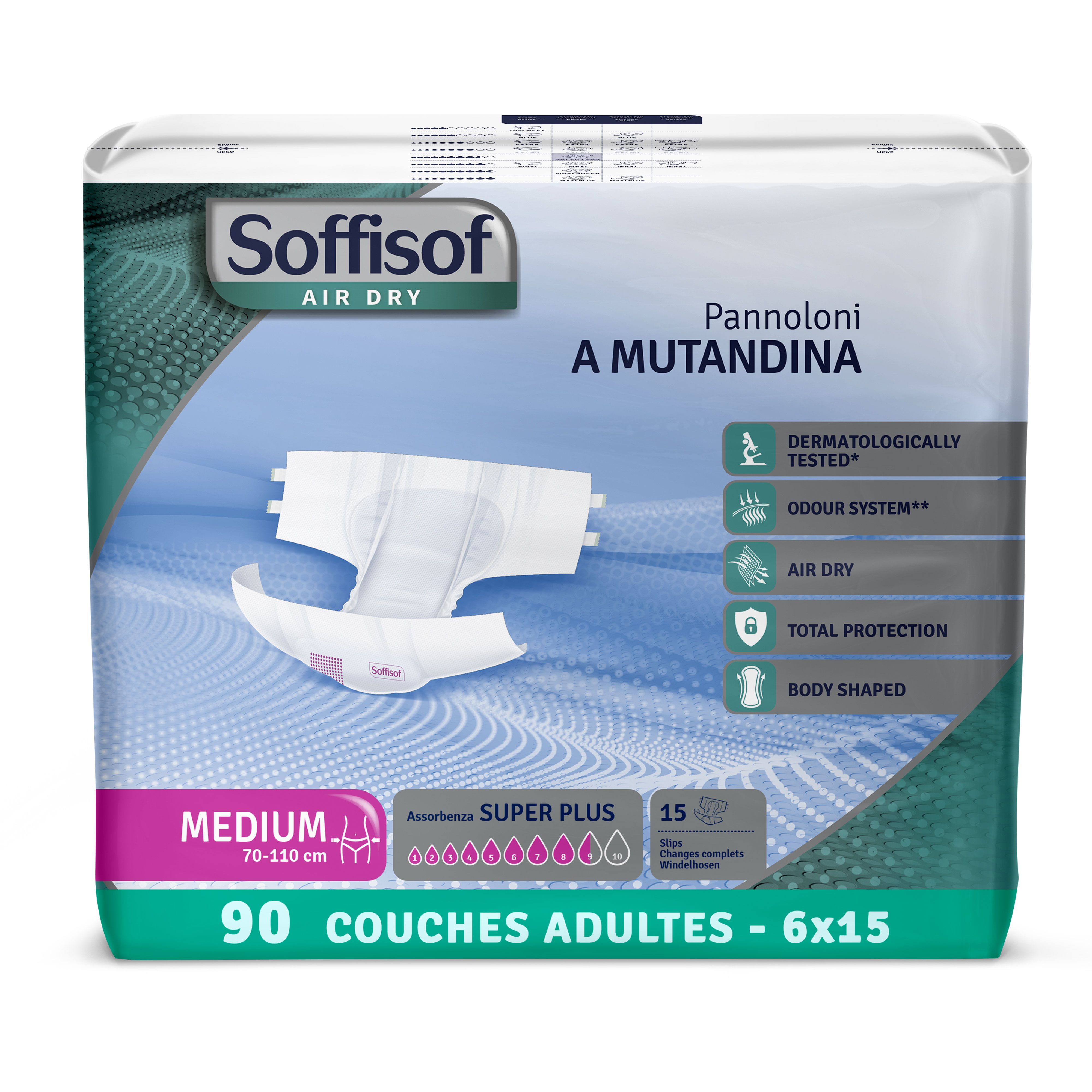Couche Soffisof Air Dry. Cœur super absorbant, système anti-odeurs, respirant, testé dermatologiquement.