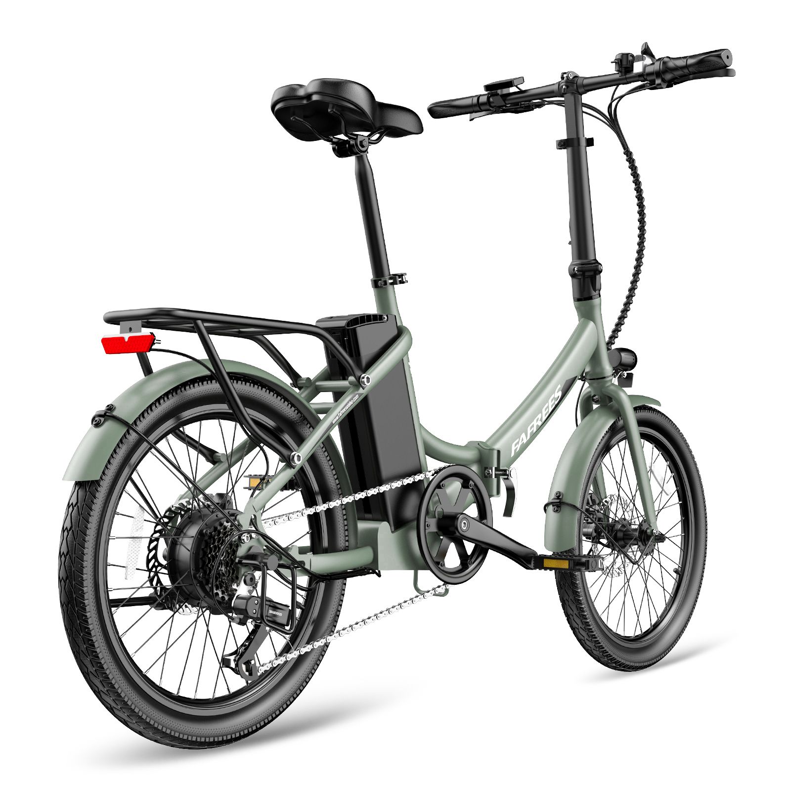 Lichtgroene Fafrees F20Light e-bike. Opvouwbaar frame, bagagerek, spatborden. Zwarte banden en zadel. Accu op frame.