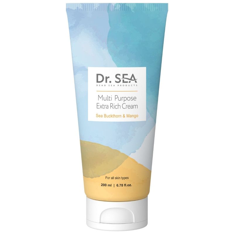 Tube DR. SEA Multi Purpose Extra Rich Cream, Mango. Blauw-wit design, witte dop. 200 ml.
