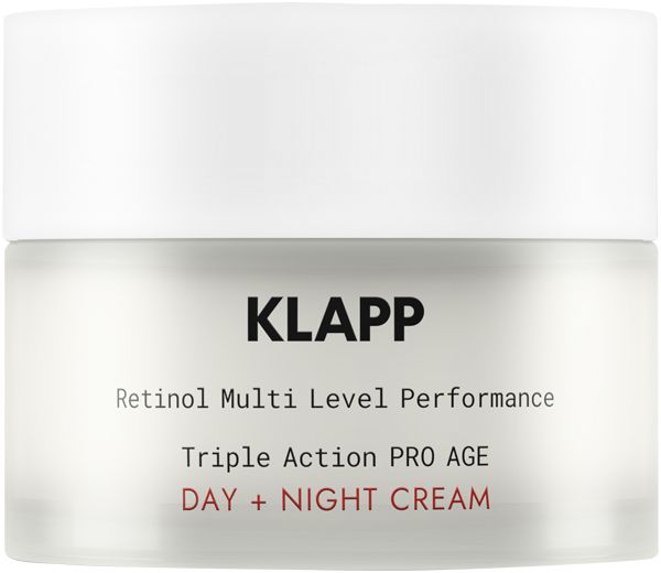 Crèmepot met witte deksel. Opschrift: Klapp, Retinol Multi Level Performance, Triple Action PRO AGE, DAY + NIGHT CREAM. Productbeschrijving.