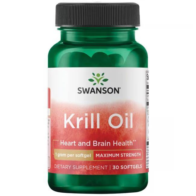 Groene fles met capsules. Opschrift: SWANSON, Krill Oil, 1 g per softgel, 30 softgels. Voor hart- en hersengezondheid.