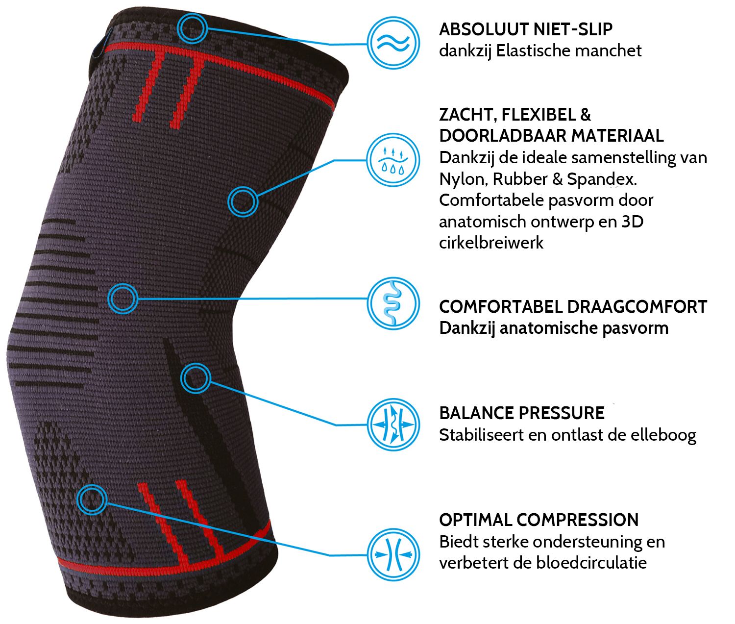 Elleboogbandage, grijs-zwart met rode accenten. Anatomische pasvorm, ademend materiaal. Maatinformatie.
