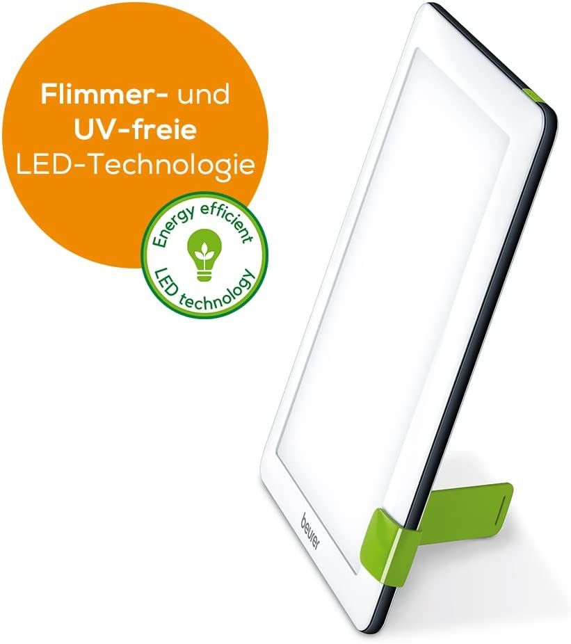 Daglichtlamp met LED-technologie. Tekst: Flimmervrije en UV-vrije LED-technologie. Logo: Energy efficient LED technology.