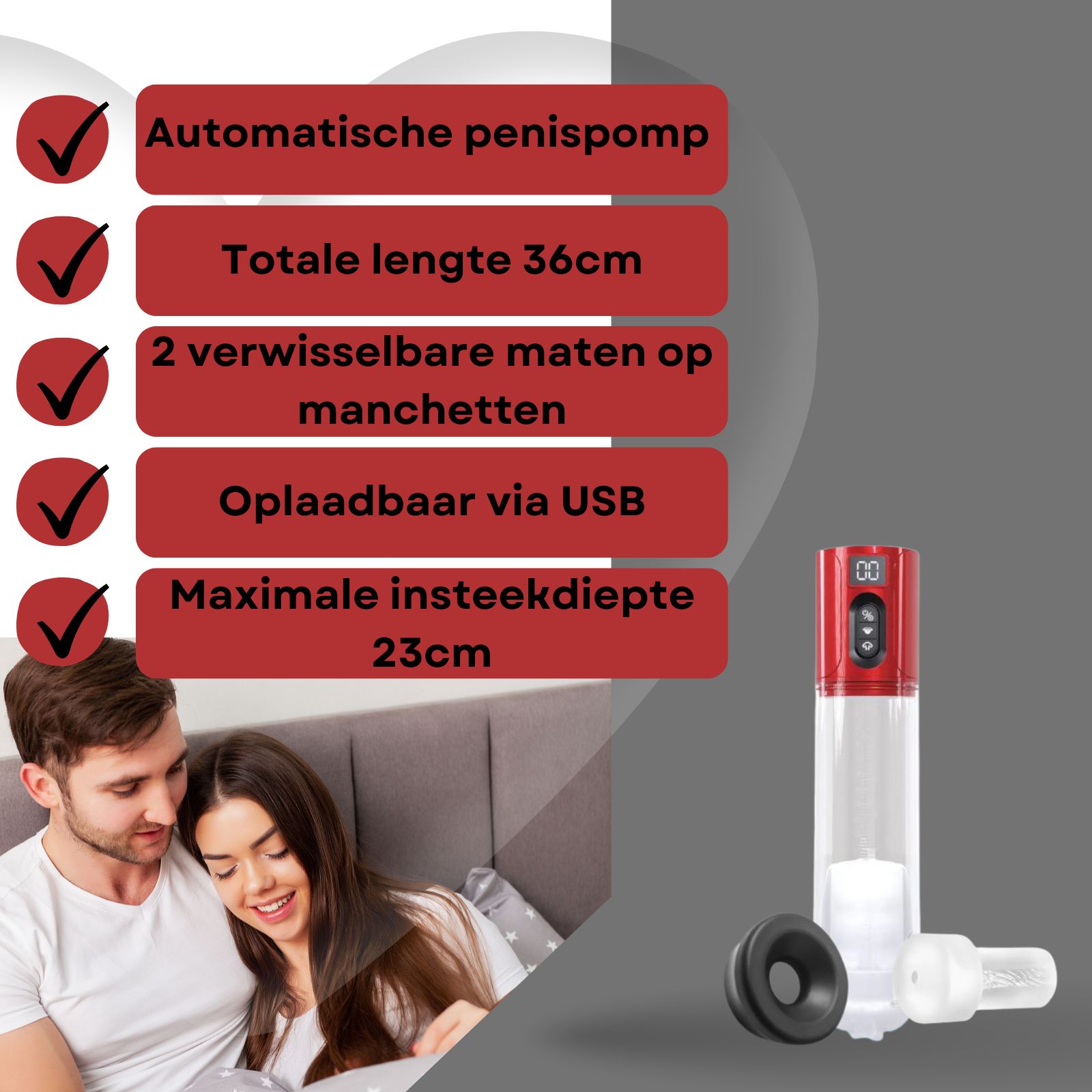 Penispomp met rode kop, accessoires en afmetingen. Tekst: 36cm lengte, 23cm diepte, 8cm diameter.