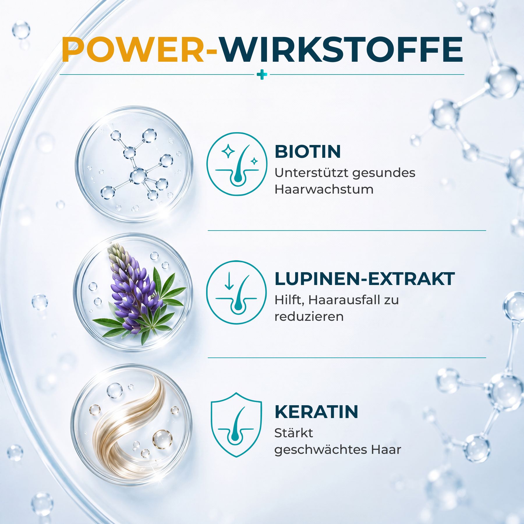 INGRÉDIENTS ACTIFS PUISSANTS : Biotine pour une croissance saine des cheveux, extrait de lupin contre la perte de cheveux, kératine pour des cheveux fortifiés.