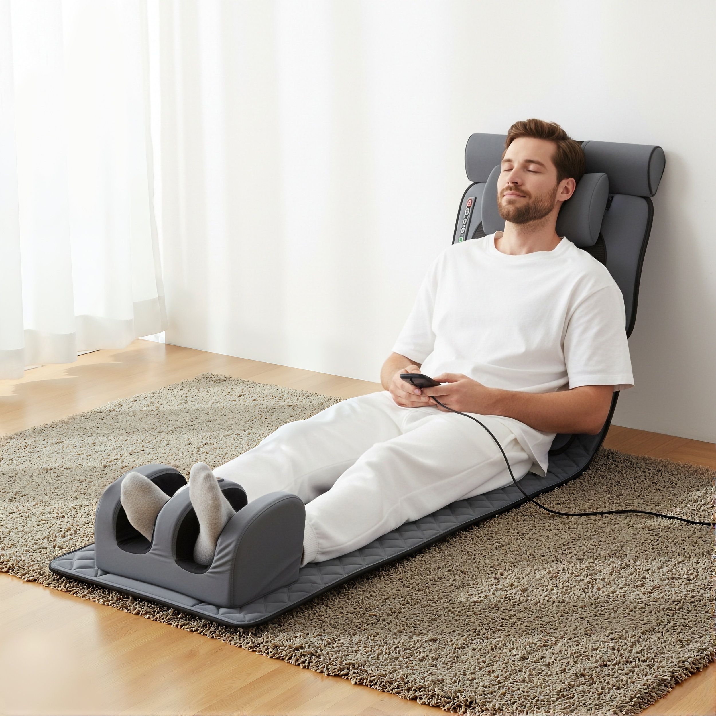 Grijze massage mat met hoofd- en voetsteun. Man zit erop, afstandsbediening. Op een tapijt.