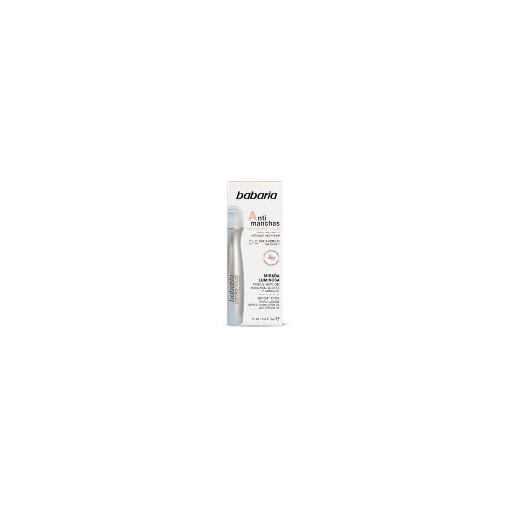 Babaria crème contour des yeux anti-taches. Tube argenté et emballage avec informations produit. Inscriptions visibles : Anti-Manchas, Contorno de Ojos.