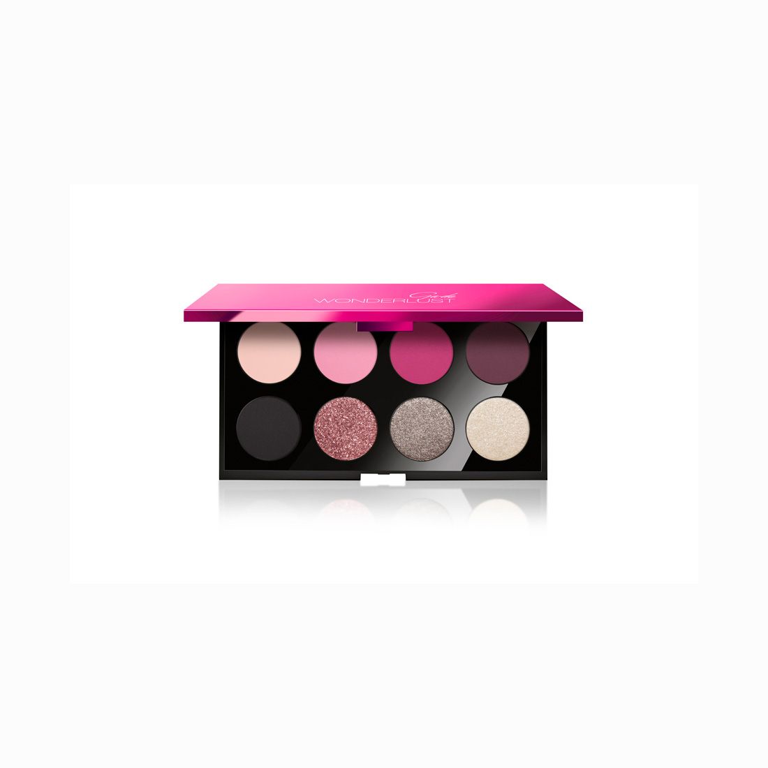 Palette de fards à paupières Ga-De Wonderlust, huit teintes dans un boîtier noir avec couvercle rose. Le couvercle est ouvert.