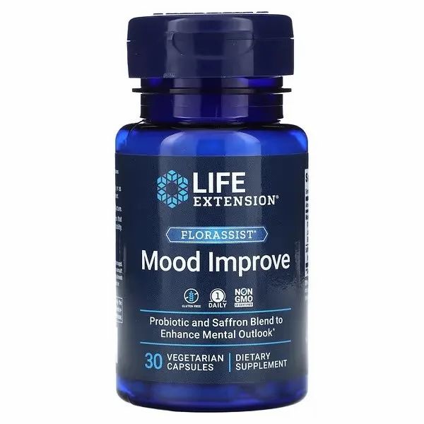 Life Extension Florassist Mood Improve. Flacon bleu contenant 30 gélules végétariennes.