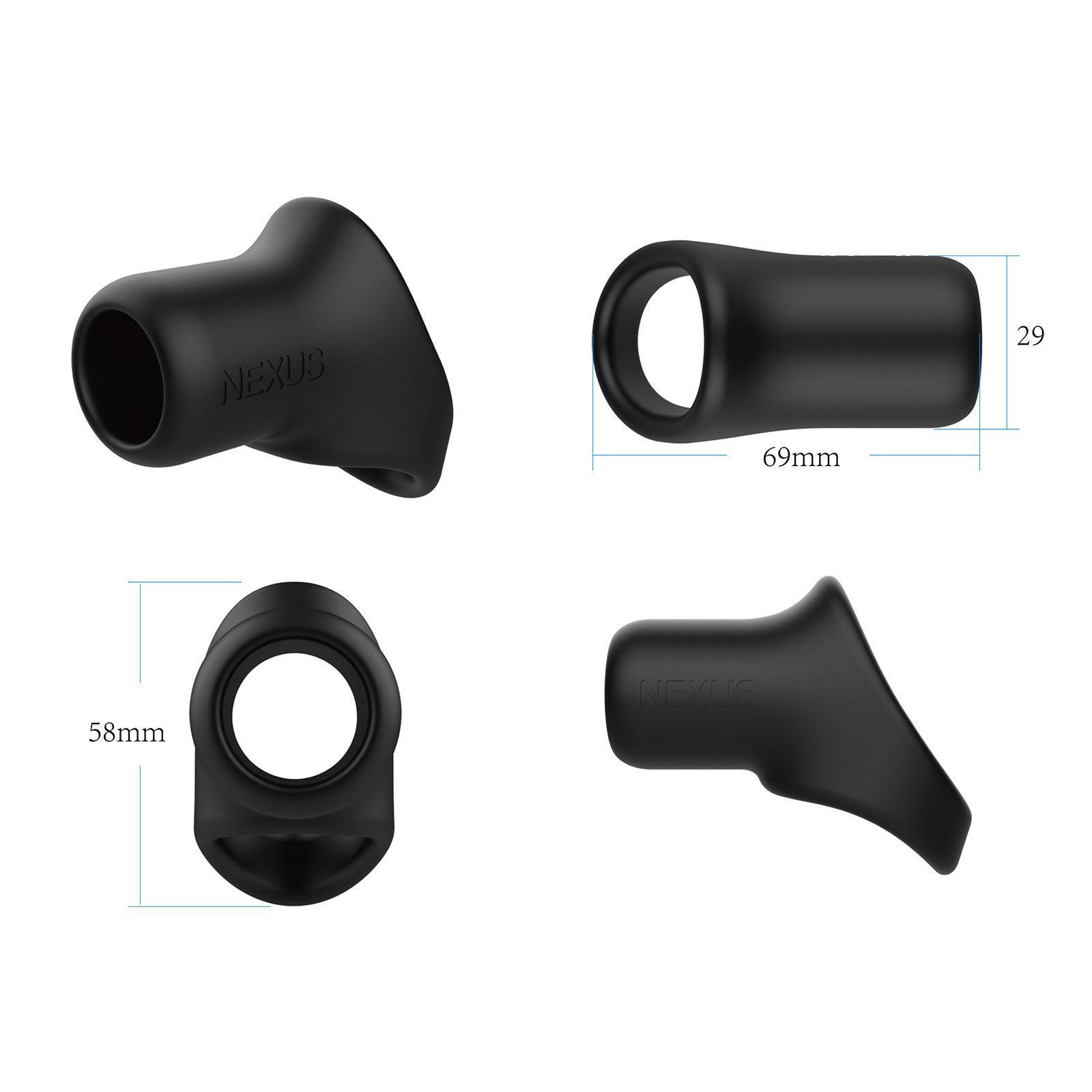 Vier aanzichten van een zwart product. Afmetingen: 69x29mm, 58mm.