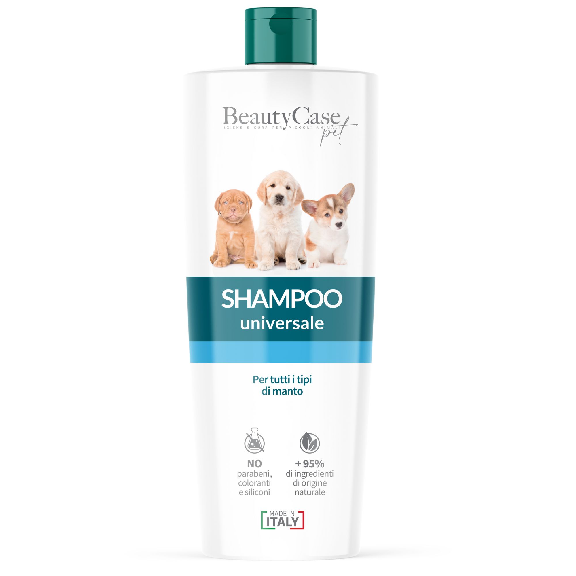 Flacon de shampooing blanc avec bouchon vert. Inscription: BeautyCase pet, Shampoo universale. Image de chiots. Texte: Per tutti i tipi di manto.
